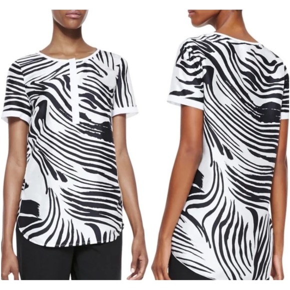 Elegant Lafayette 148 Zebra-Print Silk Shari Top - Minimalist Short Sleeve,sz 14 - Picture 3 of 8